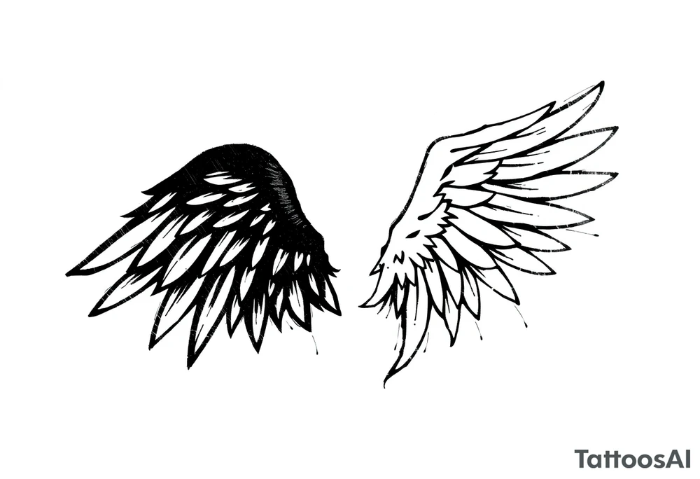 This tattoo design features a pair of asymmetrical angel wings drawn in black ink with a rough, sketch-like style. The left wing is darker, more defined, and appears denser, while the right wing is lighter, more delicate, and fragmented, creating a contrast between the two. The feathers are sharp and irregular, with fine lines and stray strokes extending outward, adding a raw and artistic feel. The overall look is dynamic and slightly chaotic, giving the impression of movement or an unfinished, ethereal form. This design symbolizes duality, freedom, transformation, or even struggle, making it a meaningful and visually striking tattoo. tattoo idea
