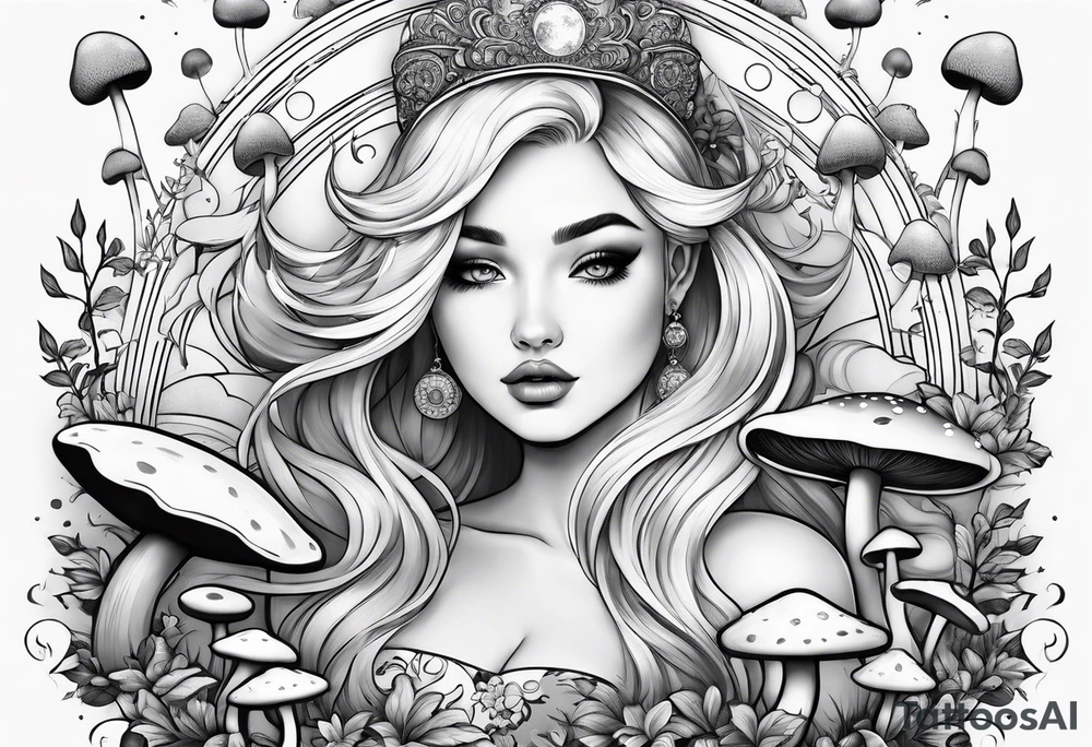 Blonde chubby Girl surrounded by mushrooms crescent moon background tattoo idea