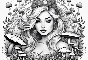 Blonde chubby Girl surrounded by mushrooms crescent moon background tattoo idea