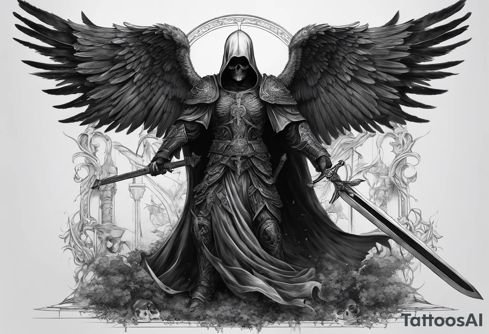 realistic full body of black angel of death, no face, face is not visible, with wings holding only one sword in both hands, the edge of the sword is killing the skull, skull is on the ground tattoo idea