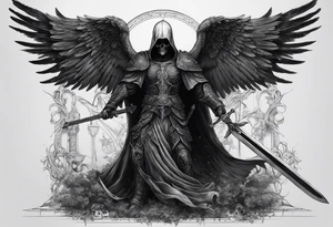 realistic full body of black angel of death, no face, face is not visible, with wings holding only one sword in both hands, the edge of the sword is killing the skull, skull is on the ground tattoo idea