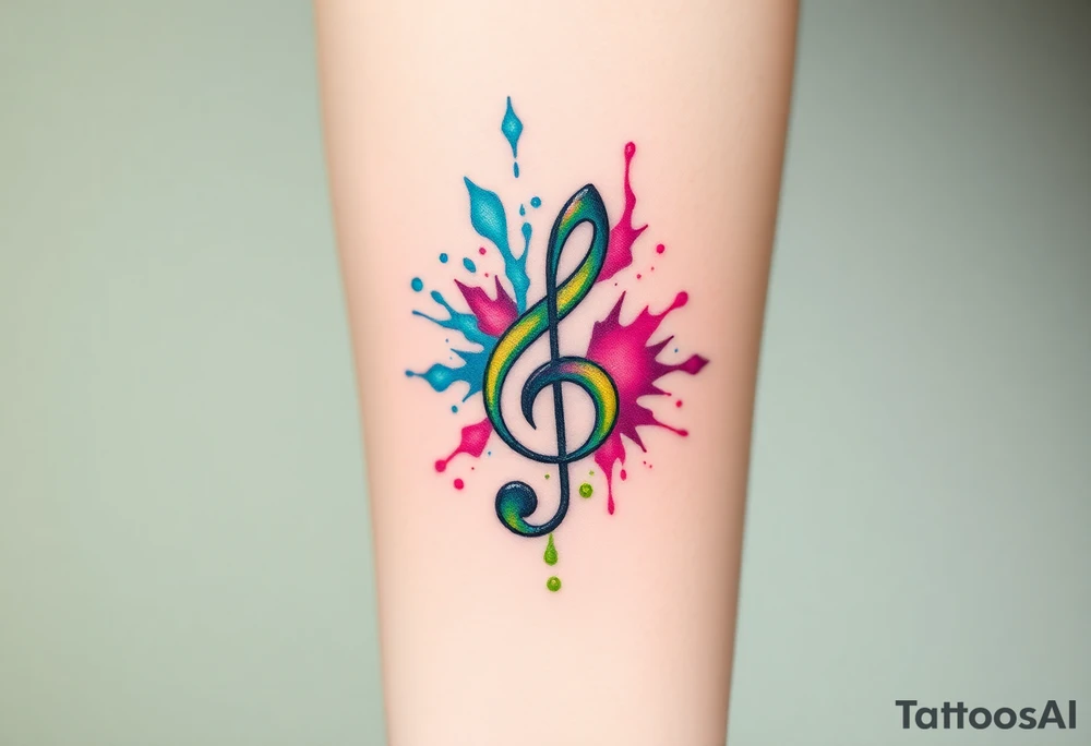 A treble clef breaking apart into abstract shards, with splashes of vivid color—turquoise, magenta, and lime green tattoo idea