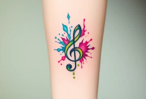 A treble clef breaking apart into abstract shards, with splashes of vivid color—turquoise, magenta, and lime green tattoo idea