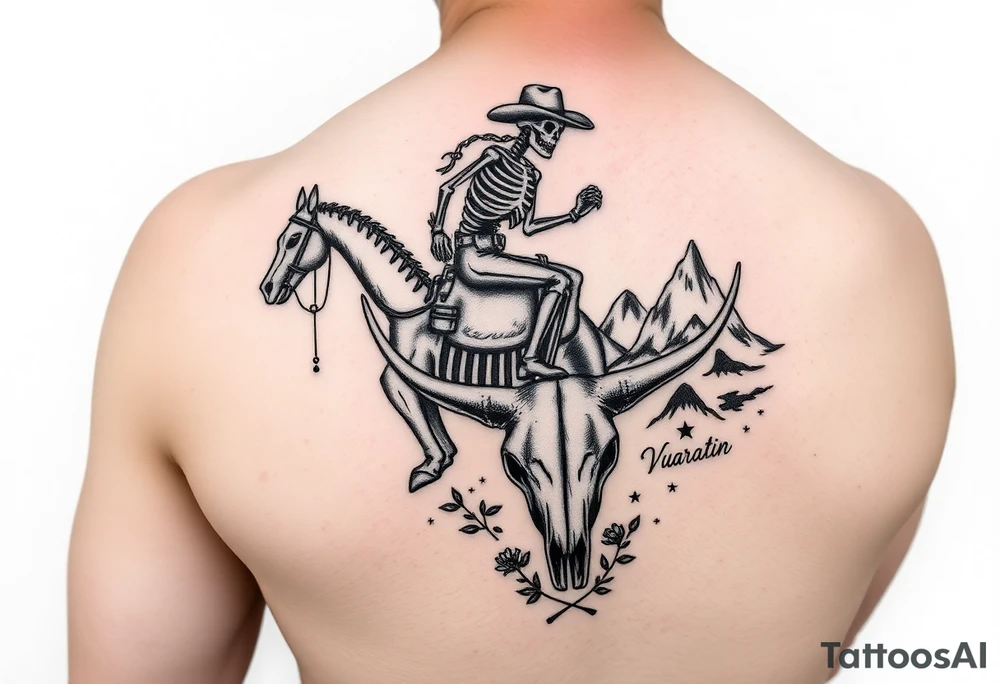 cowboy skeleton riding the horse skeleton on Porter’s bicep, sized to fill most of the outer bicep. The mountain/longhorn skull design can wrap over the shoulder cap so the longhorn skull sits below the mountains, tying into the bicep piece. I’ll blend them with traditional-style filler (stars, dots, and desert plants) so it reads as one cohesive upper-arm half sleeve rather than separate tattoos. tattoo idea