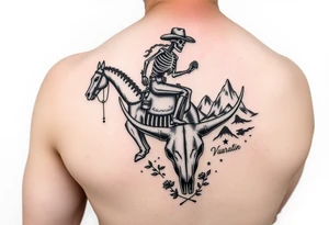 cowboy skeleton riding the horse skeleton on Porter’s bicep, sized to fill most of the outer bicep. The mountain/longhorn skull design can wrap over the shoulder cap so the longhorn skull sits below the mountains, tying into the bicep piece. I’ll blend them with traditional-style filler (stars, dots, and desert plants) so it reads as one cohesive upper-arm half sleeve rather than separate tattoos. tattoo idea