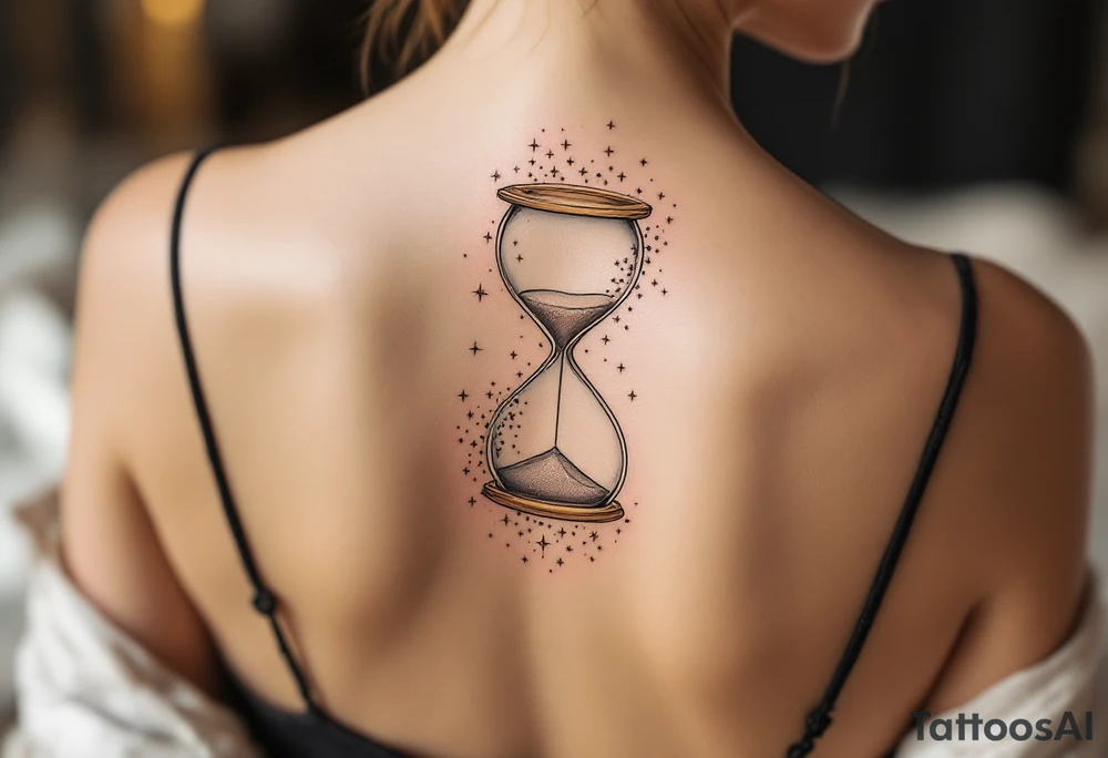 A delicate, floating hourglass with sand turning into tiny stars tattoo idea