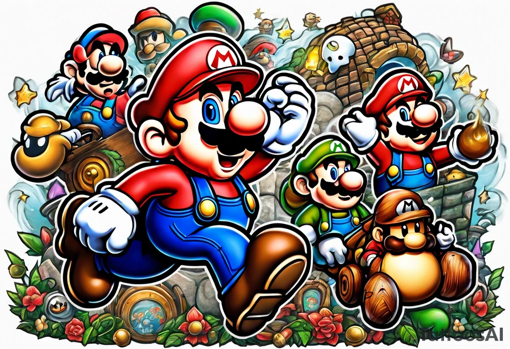 Mario brothers with ghosts and goombas with canons tattoo idea