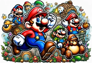 Mario brothers with ghosts and goombas with canons tattoo idea