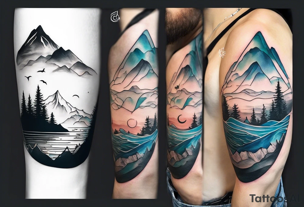 This is a minimalistic tattoo that is split into 2 sections; a top half and a bottom half. The top half is a mountain in Norway with a mountain bike trail winding down the mountain. The bottom half of the tattoo depicts an underwater scene featuring water, and sea life. tattoo idea