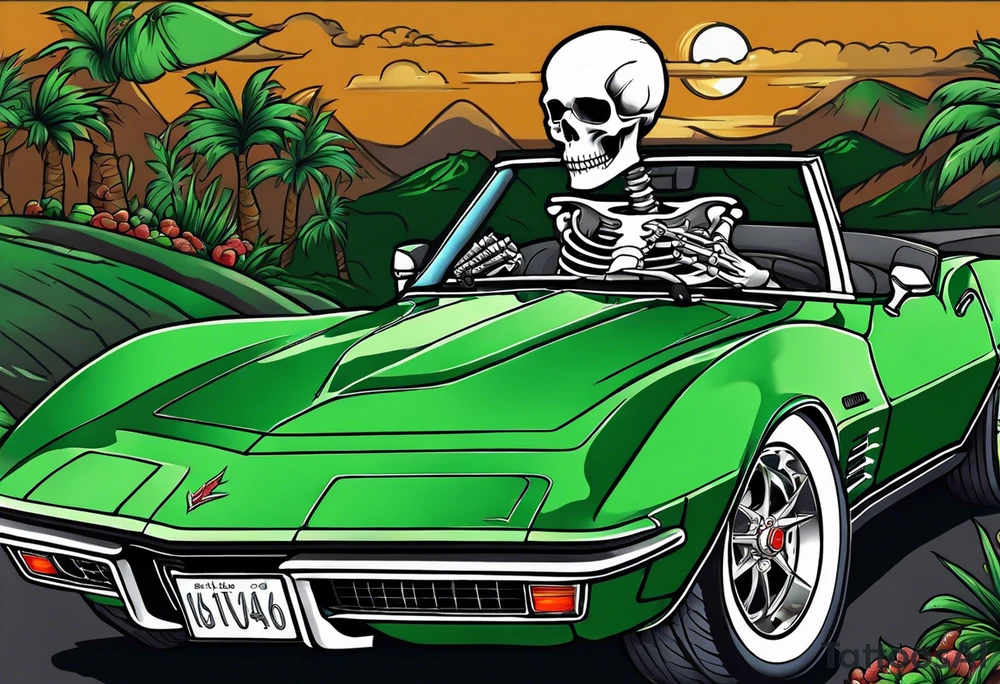 Skeleton smoking a cigarette driving a green 1976 convertible Corvette tattoo idea