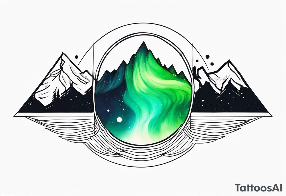 northern lights mountain circle shaped tattoo idea