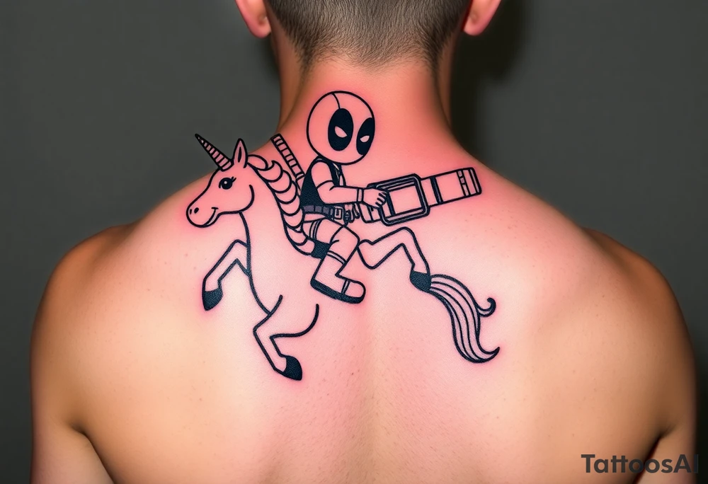 Deadpool riding unicorn holding rocket old school propelled grenade launcher tattoo idea