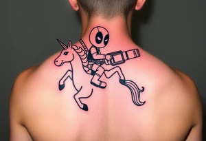 Deadpool riding unicorn holding rocket old school propelled grenade launcher tattoo idea