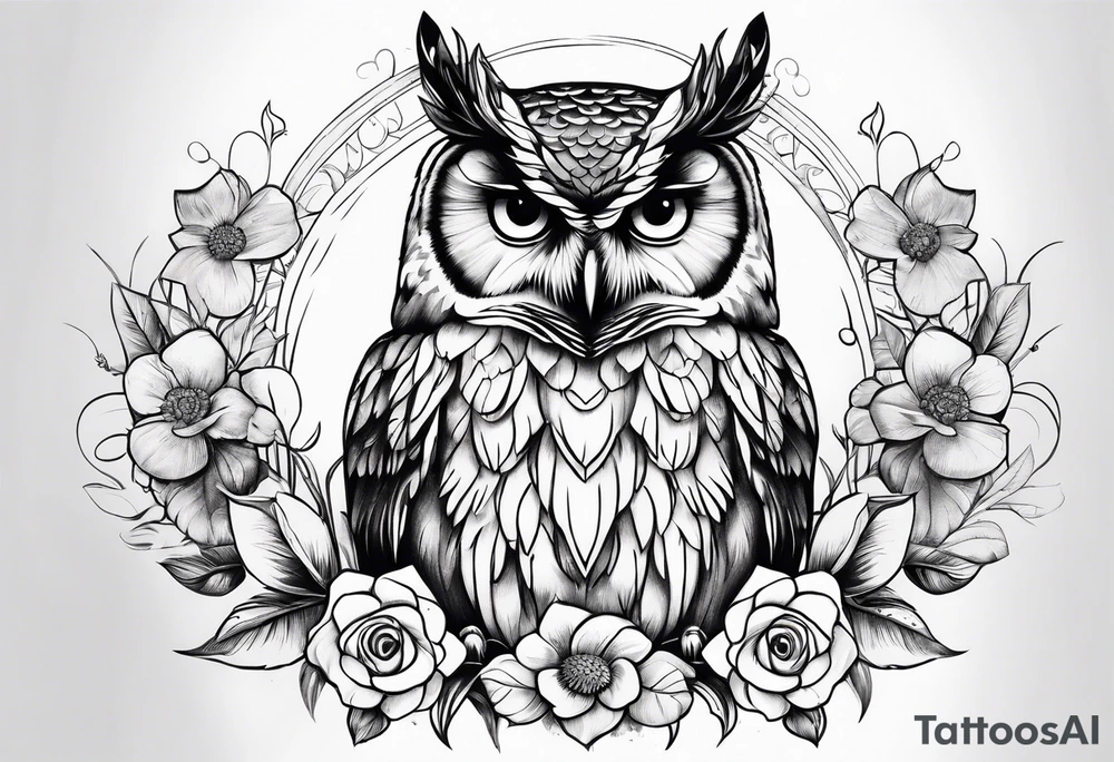 female owl with flowers tattoo idea