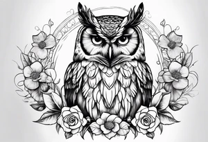 female owl with flowers tattoo idea