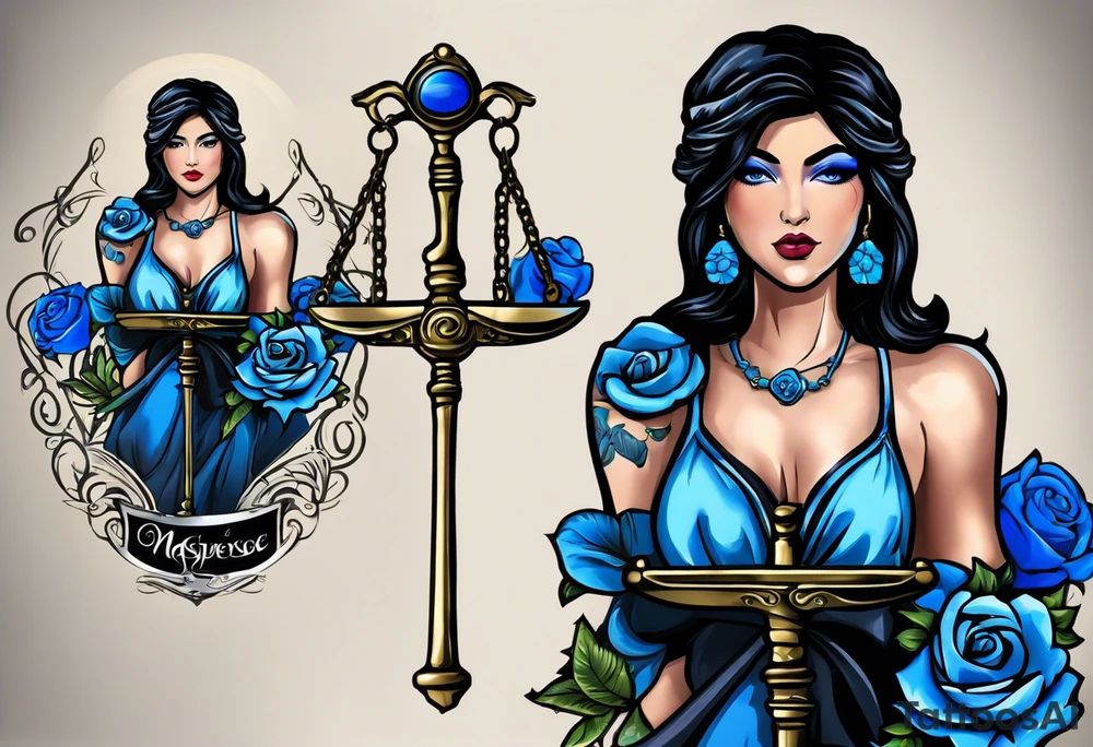 Lady Justice, 
Blindfold:
Scales: 
 Lady Justice is shown with black hair, which is a unique artistic choice compared to the more traditional representations. The scales, blindfold, and sword are all present, adhering to the classic iconography but with a modern and colorful twist. blue roses frames, background blue,present it in a tattoo tattoo idea
