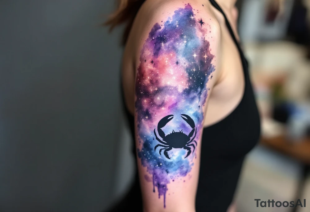A watercolor nebula in shades of purple and blue cradles the Cancer star constellation and crab silhouette. tattoo idea