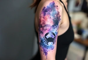 A watercolor nebula in shades of purple and blue cradles the Cancer star constellation and crab silhouette. tattoo idea