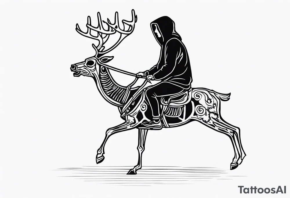 Hooded figure riding on a reindeer skeleton tattoo idea