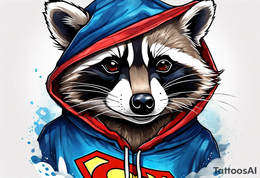 raccoon wearing a Superman hoodie tattoo idea