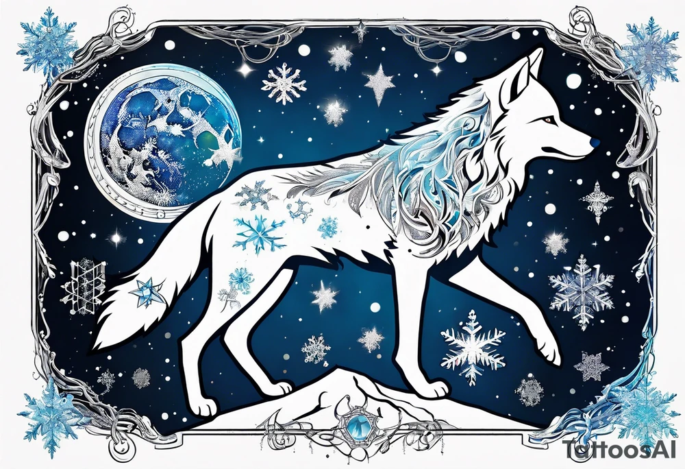 Constellation, animal alien wolf, snowflake tattoo idea