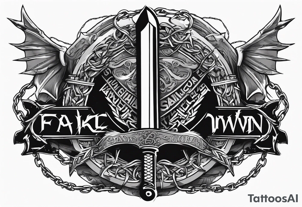 Valhalla sword round
shield axe barbed wire chains dark cloud lightning tattoo idea