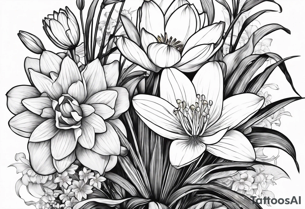 Water Lily, Lily of the Valley, Narcissus, and Gladiolus bouquet for vase tattoo idea