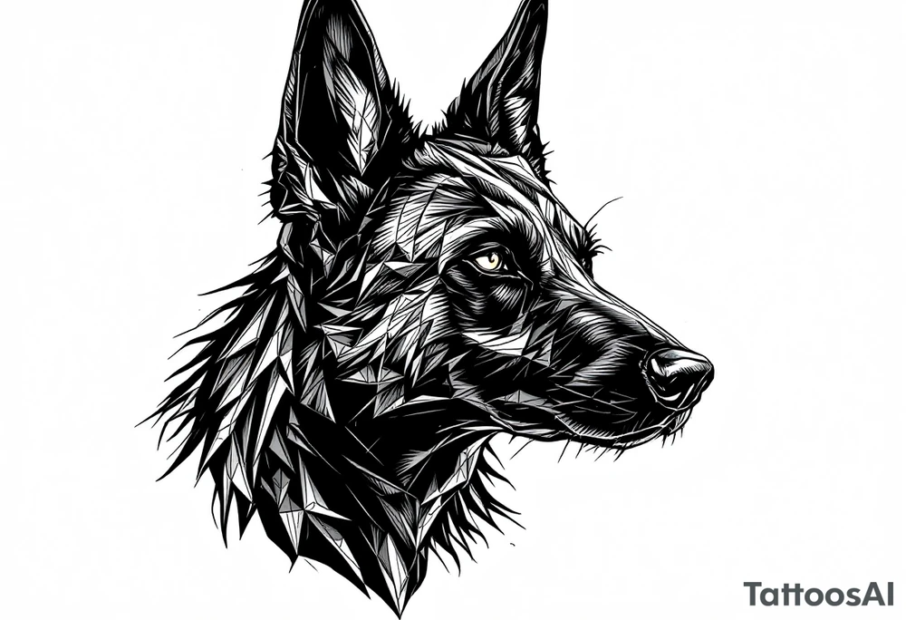 a creature that looks strongly like a black Labrador and a black German Shepard , resembling Anubis, with the tall pointy ears of a jackal, the top of one ear floppy , looking back, serious and daring tattoo idea
