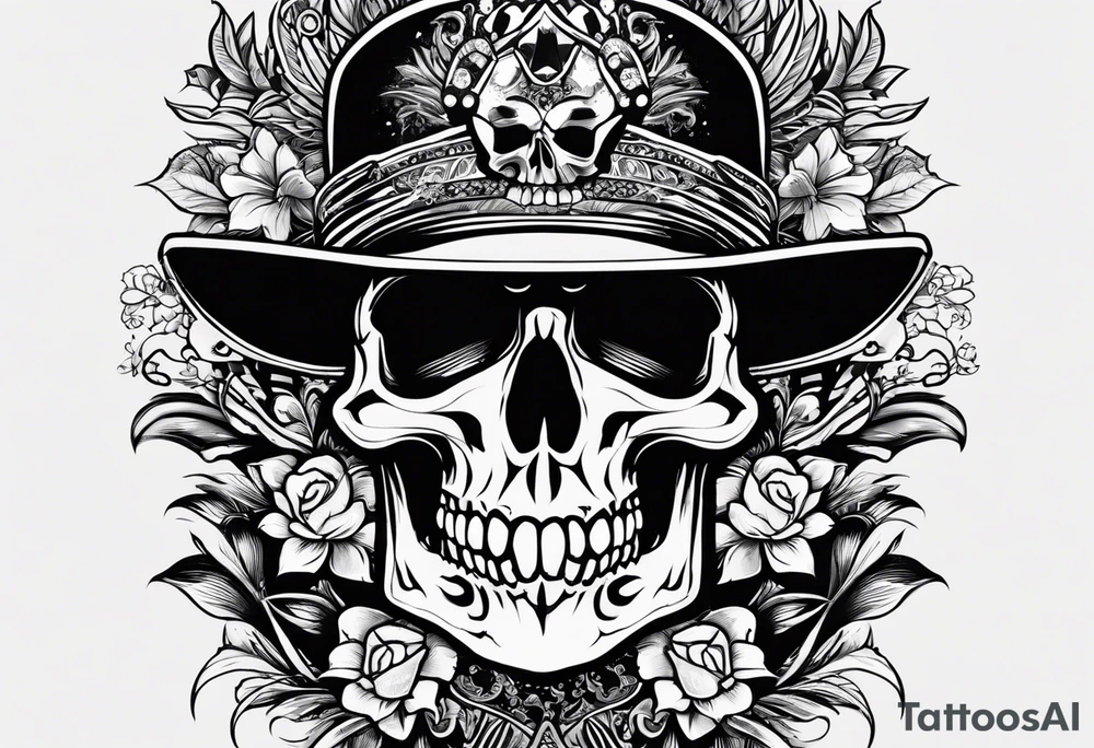 I want a tattoo with a skull design that says "work hard" at the top and "play hard" at the bottom, in black only. tattoo idea