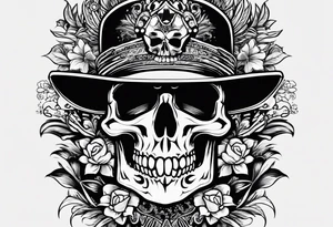 I want a tattoo with a skull design that says "work hard" at the top and "play hard" at the bottom, in black only. tattoo idea