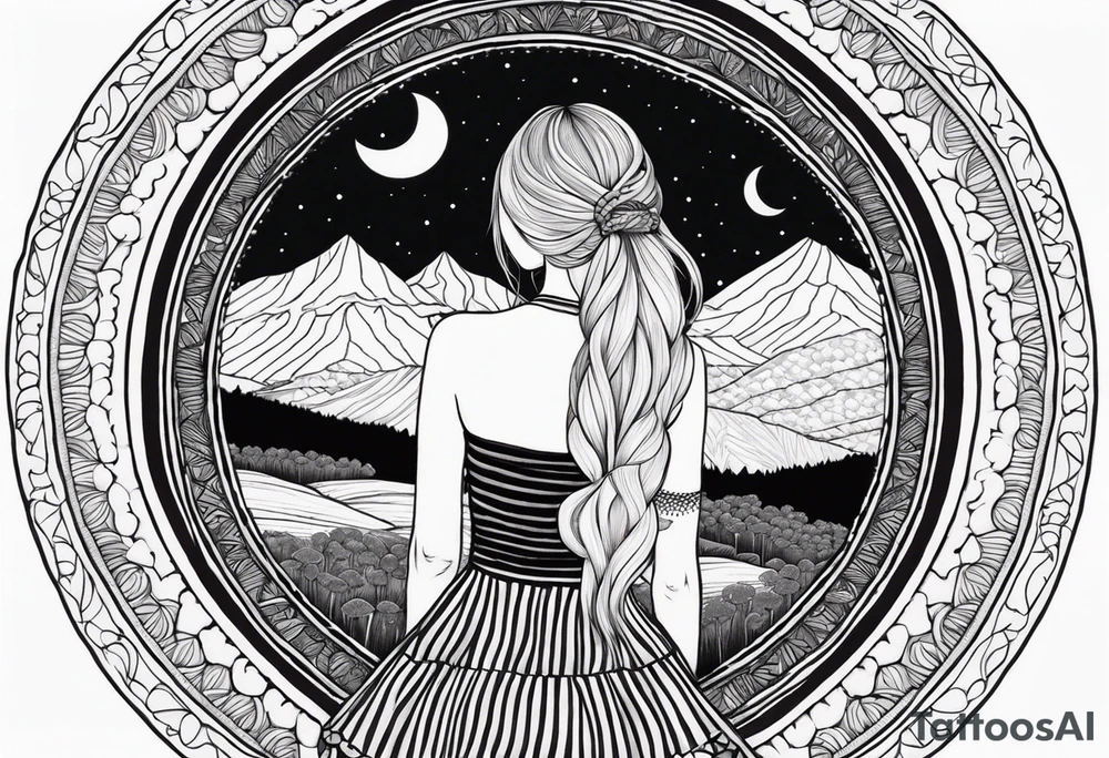Straight blonde hair girl facing away toward mountains surrounded by mushrooms crescent moon mandala circular design black and white striped dress "8" braided into hair tattoo idea