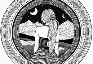 Straight blonde hair girl facing away toward mountains surrounded by mushrooms crescent moon mandala circular design black and white striped dress "8" braided into hair tattoo idea