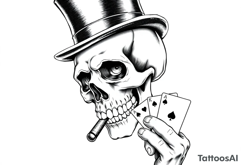 a skull with mustache, a big cigar in his mouth,top-hat on his head and playing cards in a hand. tattoo idea