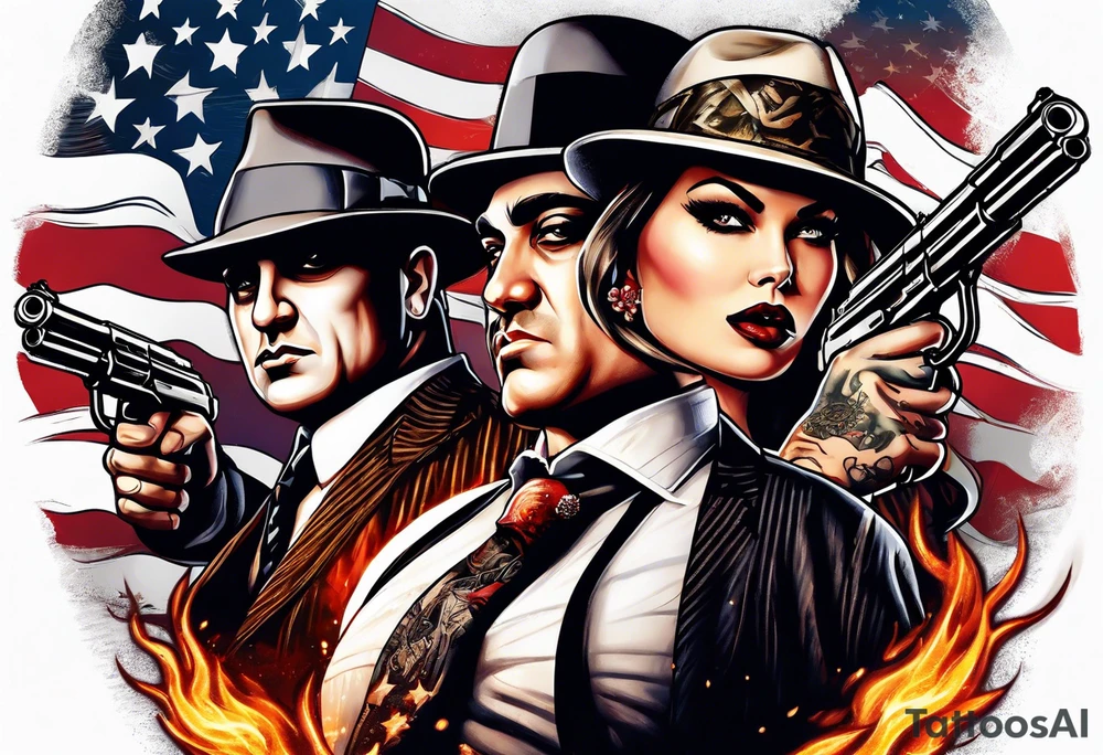 capone style gangsters battling with machine guns against a dark flame background 
american flag and sexy women tattoo idea