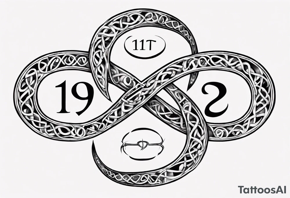 infinity symbol made up of the numbers 11-19-23 and the word Χαρά tattoo idea