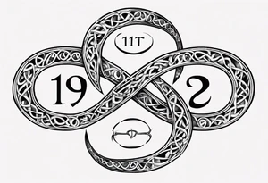 infinity symbol made up of the numbers 11-19-23 and the word Χαρά tattoo idea