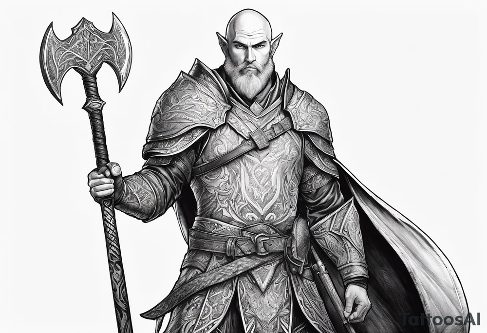 a full-body picture of a 30-year-old, human elf, bearded bald male, paladin, holding a battle axe, tattoo idea