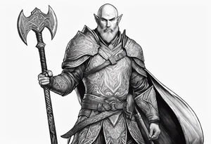 a full-body picture of a 30-year-old, human elf, bearded bald male, paladin, holding a battle axe, tattoo idea