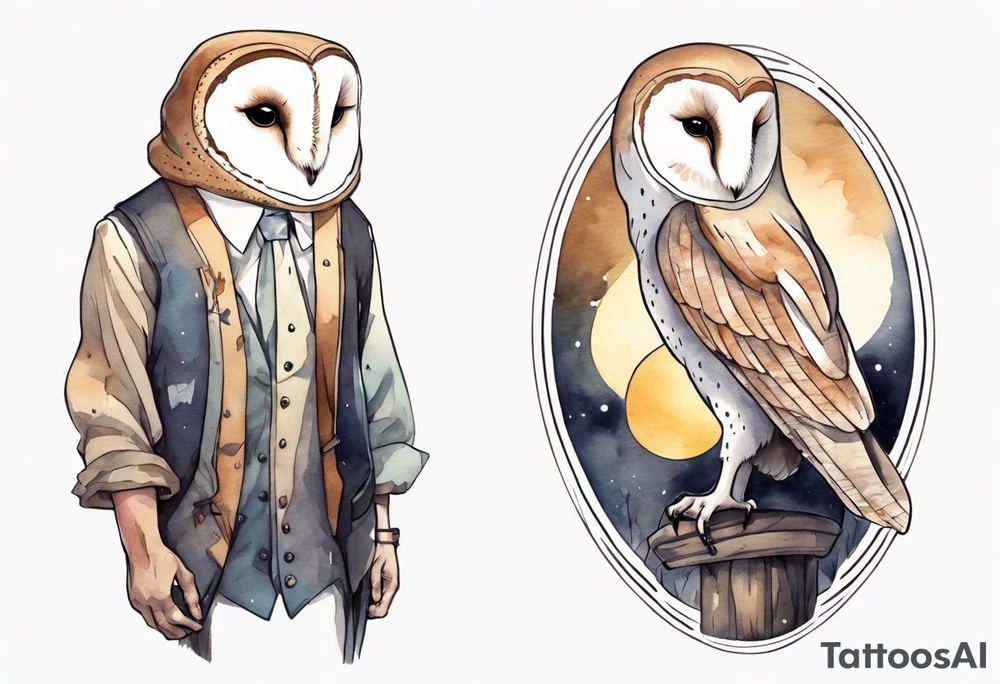 a thin man with the head of a barn owl walking at night tattoo idea