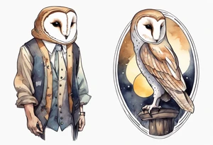 a thin man with the head of a barn owl walking at night tattoo idea