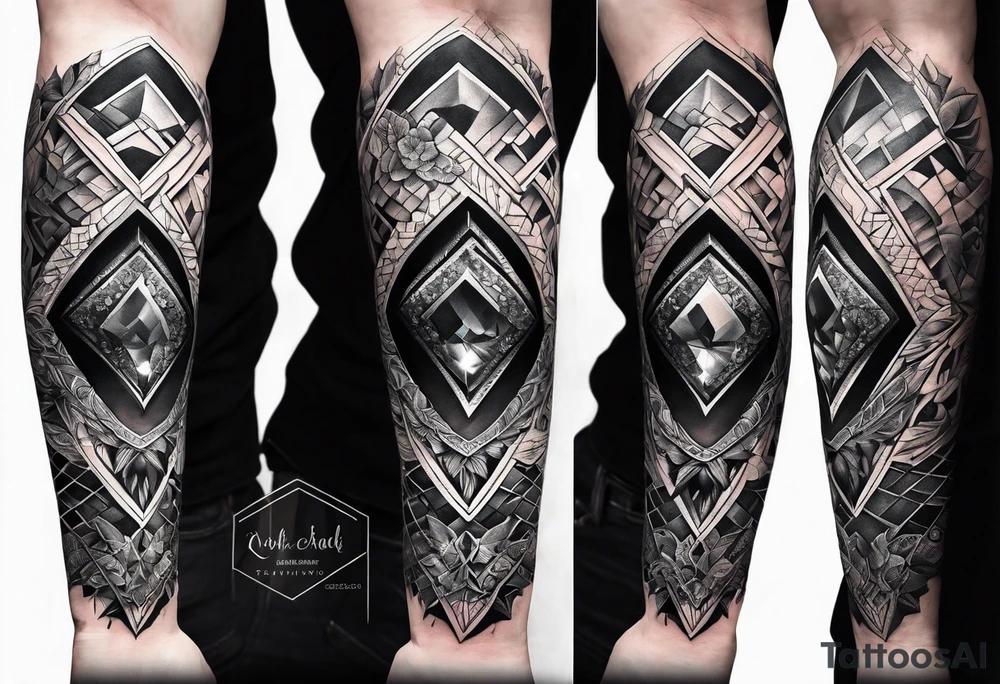 Sleeve on the forearm with a diamond in the middle tattoo idea