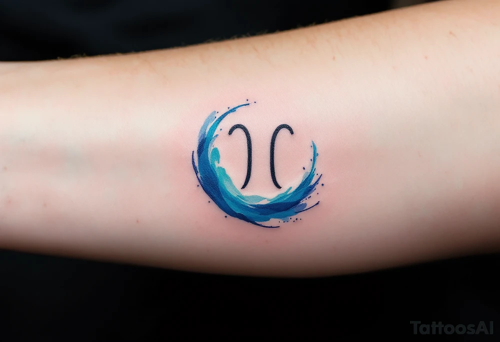 A minimalist Aquarius symbol, surrounded by soft watercolor waves in hues of turquoise, indigo, and silver. tattoo idea