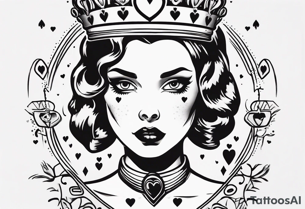 pin-up queen of hearts with white eyes and a crown tattoo idea