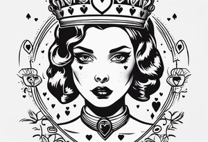 pin-up queen of hearts with white eyes and a crown tattoo idea