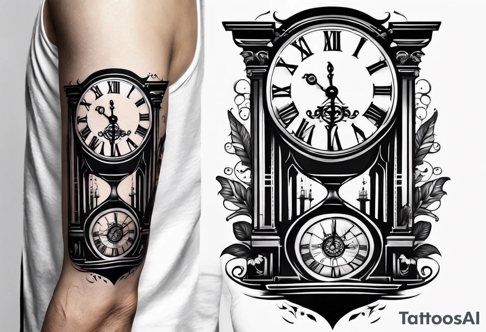 Draw me a tattoo located on the shoulder and upper arm of a man. The tattoo represents a clock and  an hourglass with Roman numerals in the background. It is a symbol of the passing of time. tattoo idea