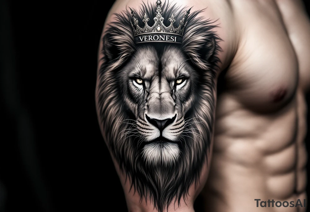 Realistic angriest lion with whole body with crown and "VERONESI" name add on it tattoo idea