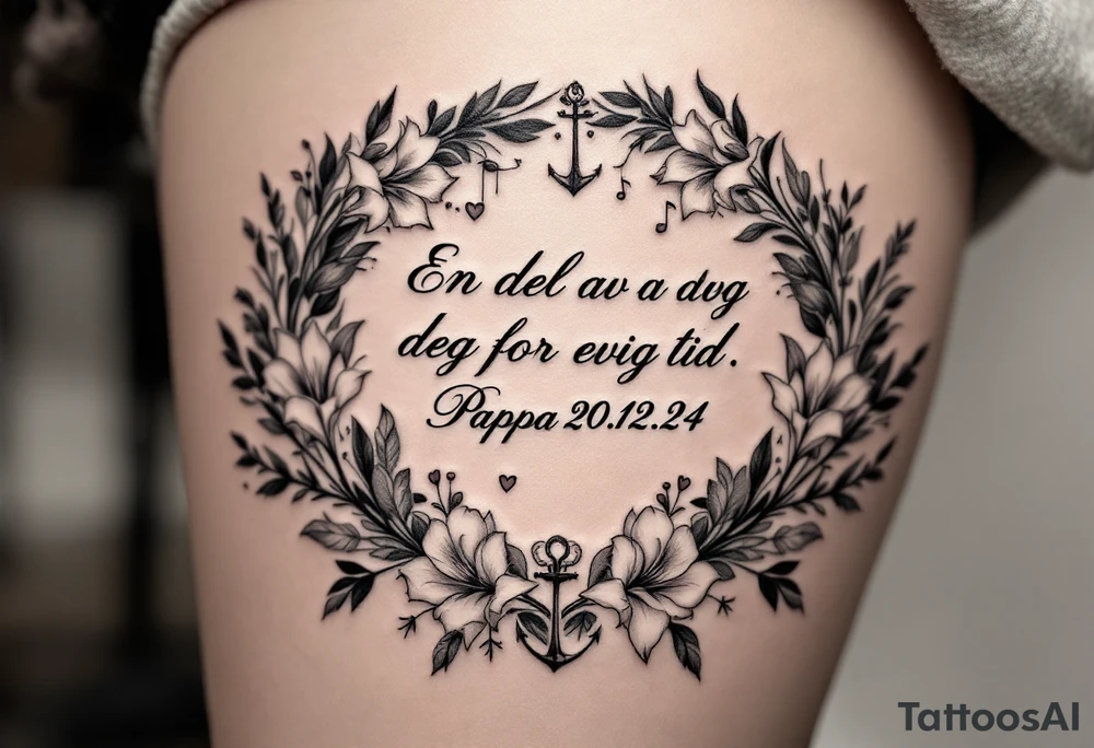 «En del av deg for evig tid
Pappa 20.12.24» Surrounded by long gladiolus, hearts, notes and an anchor tattoo idea