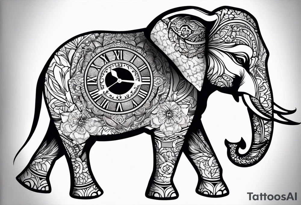 elephant, mandala, clock tattoo idea