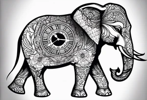 elephant, mandala, clock tattoo idea