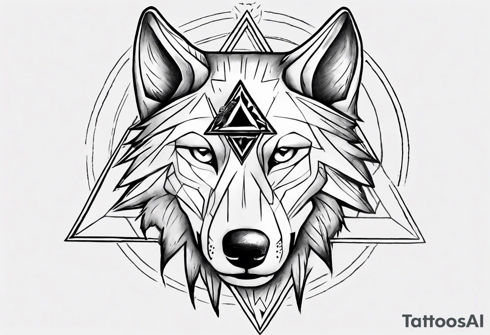 wolf head with triforce on forehead and circle in the background tattoo idea